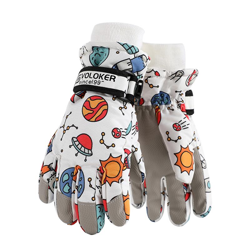 Cute Children's Ski Gloves Waterproof Touchscreen Compatible Winter Outdoor Windproof Warm with Fun Space Prints for Skiing & Snowboarding