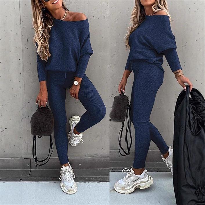 2025 Autumn Solid Color Fashion Casual Lace-up Slanted Shoulder Sports Trousers Long Suit Women
