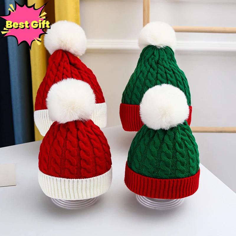 Christmas Knit Beanie Hat Winter Warm Crochet Santa Hat Cute Pompom Cap Holiday Party Accessory Cozy Aesthetic Xmas Gift for Men Women Kids Teens Outdoor Snow Beanie Trend Winter Outfit Essentials