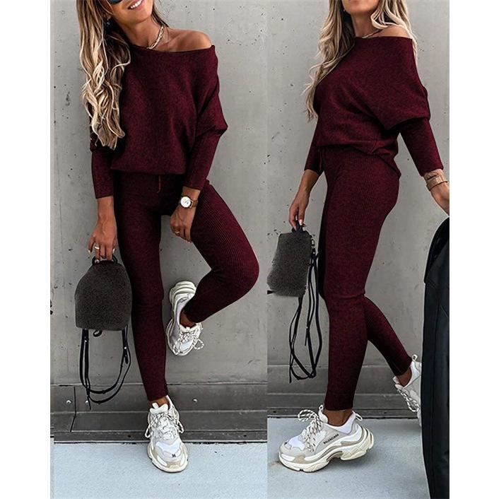 2025 Autumn Solid Color Fashion Casual Lace-up Slanted Shoulder Sports Trousers Long Suit Women