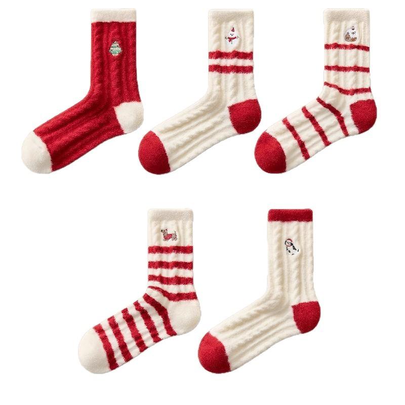 5-Pieces socks autumn and winter thickened plush warm cotton socks 2026 Horse New Year red socks cute sleep socks