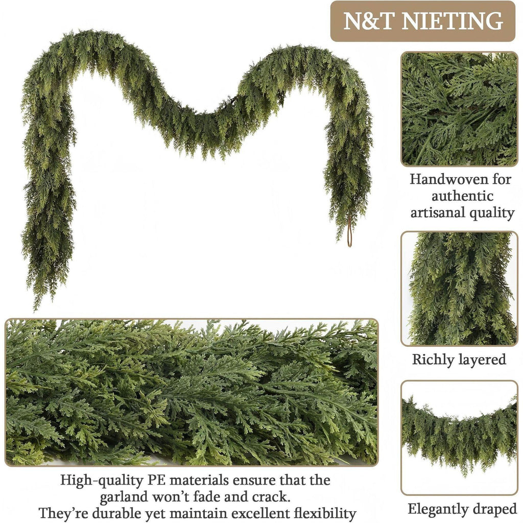 6 FT 2 Pcs Artificial Cedar Garlands, Real Touch Winter Cedar Garland, Green Artificial Greenery Pine Garland for Table, Mantle, Wall, Indoor, Outdoor Christmas Decorations (2, 6 FT)