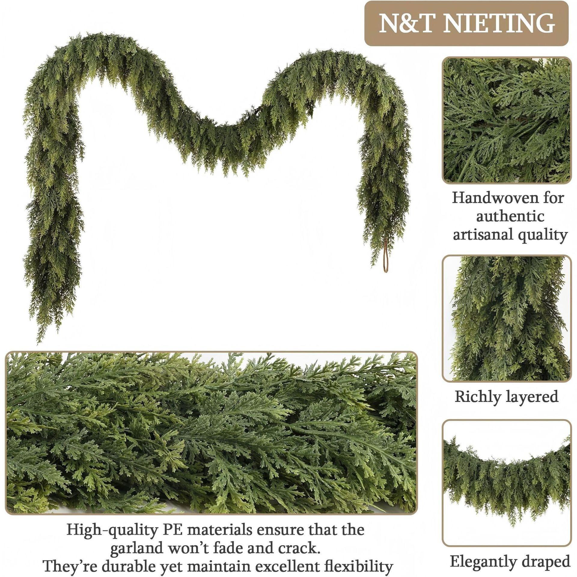 6 FT 2 Pcs Artificial Cedar Garlands, Real Touch Winter Cedar Garland, Green Artificial Greenery Pine Garland for Table, Mantle, Wall, Indoor, Outdoor Christmas Decorations (2, 6 FT)