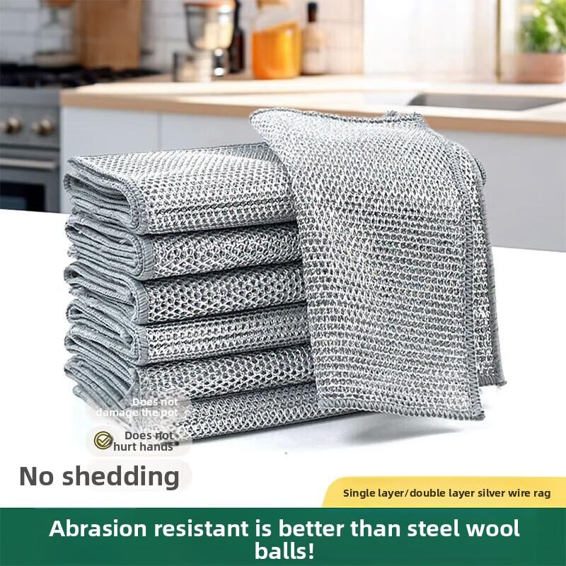 10 Pcs Silver Wire Rag Double-sided Mesh Dishcloth Non-stick Oil Easy To Clean Steel Wire Rag Household Brush Pot Strong Wear-resistant Cloth