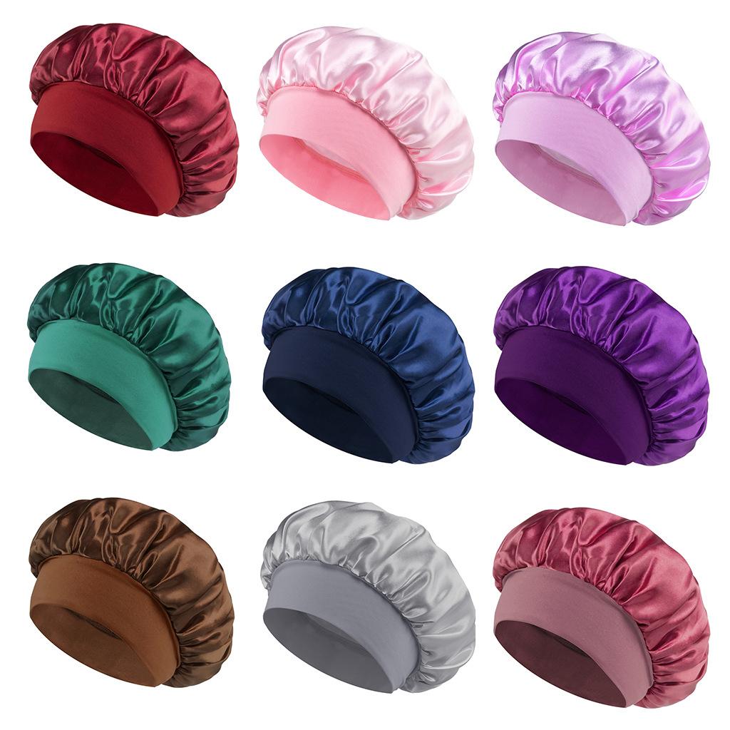 Classic Solid Color Shower Cap Adult Fashion Satin Wide-brimmed Nightcap Women Chemotherapy Hair Care