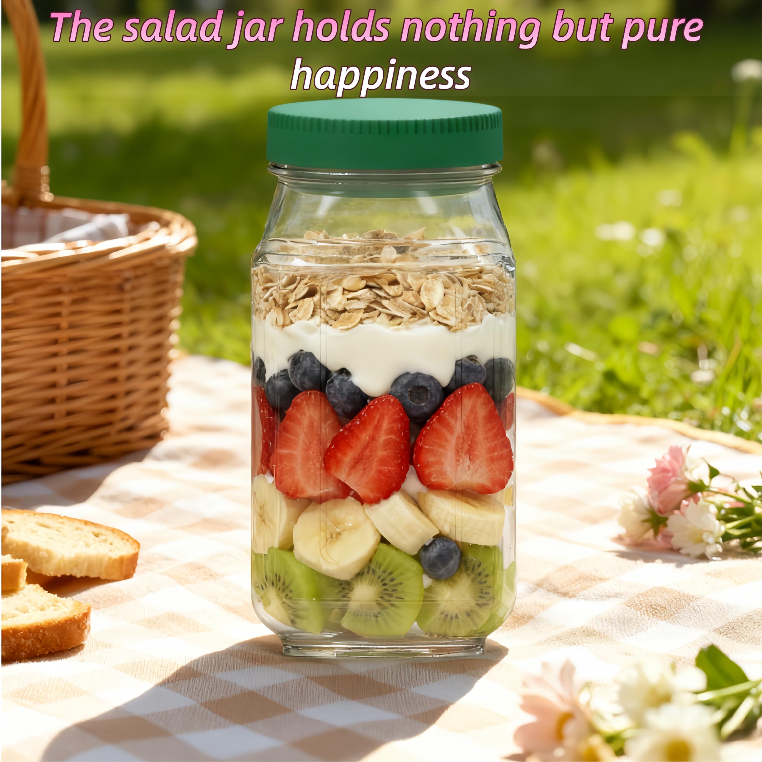 Salad Jars Mason Jars with Side Openings Leak-proof Lids for Microwave Dishwasher Safe Sealed Salad Containers Kitchen Utensils Green Tin Canister