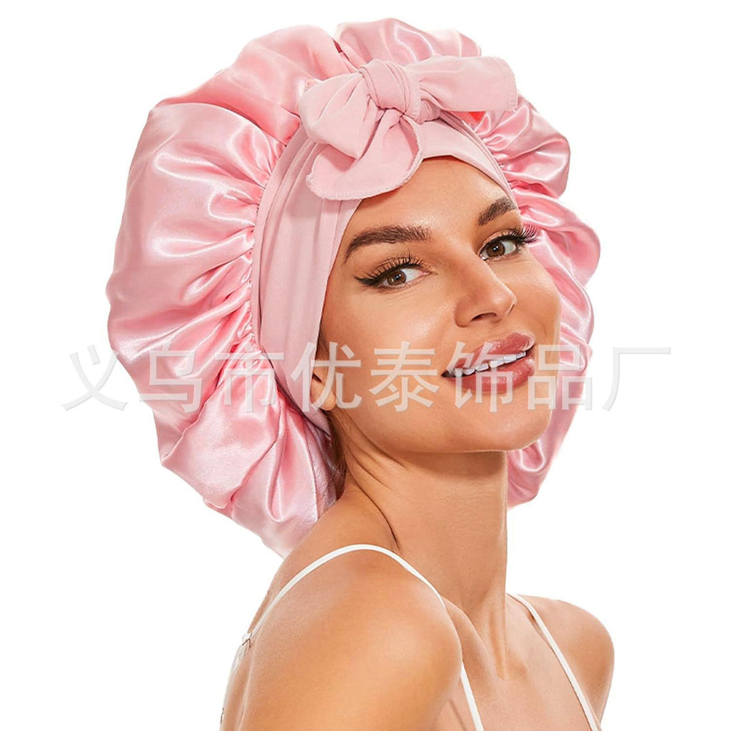 Hot Sale Simulation Silk Sleeping Cap Elastic Ribbon Satin Round Hat Big Hair Care Hat Solid Color Beauty Headscarf Hat
