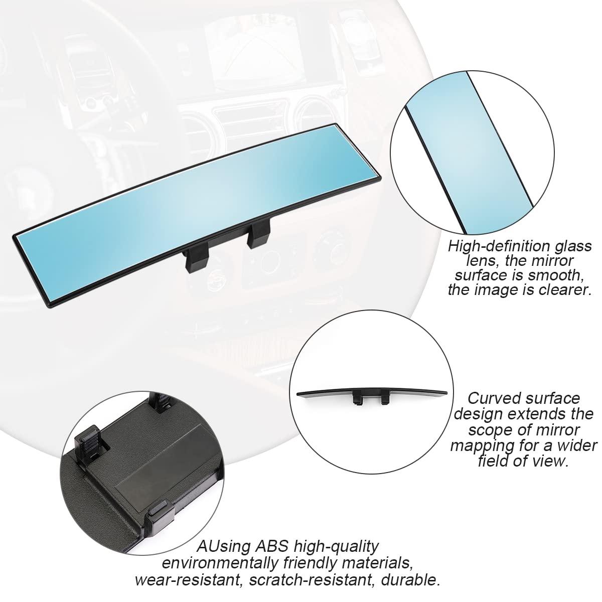 Auto Supplies Curved Mirror Large Field of View Car Rearview Mirror High Definition Anti-glare Optical Glass Blue Mirror