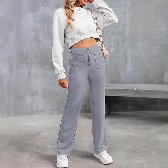 2025 Fashion New Women's Casual Straight Pants High Waist Button Elastic Strap Multiple Pockets