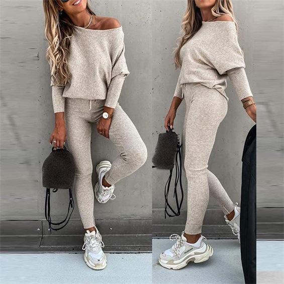 2025 Autumn Solid Color Fashion Casual Lace-up Slanted Shoulder Sports Trousers Long Suit Women