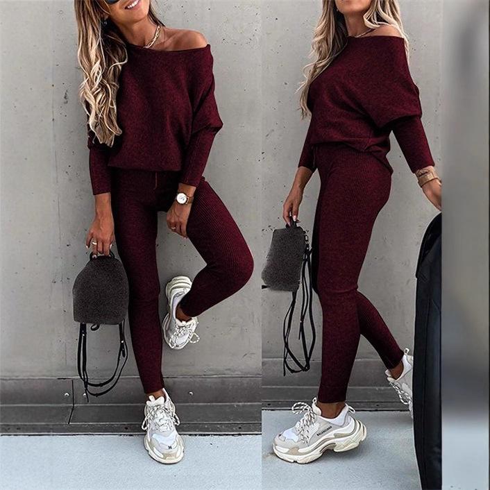 2025 Autumn Solid Color Fashion Casual Lace-up Slanted Shoulder Sports Trousers Long Suit Women