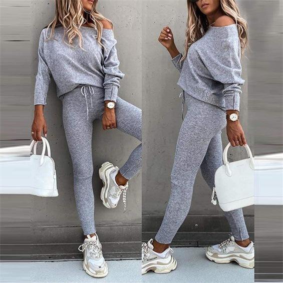 2025 Autumn Solid Color Fashion Casual Lace-up Slanted Shoulder Sports Trousers Long Suit Women