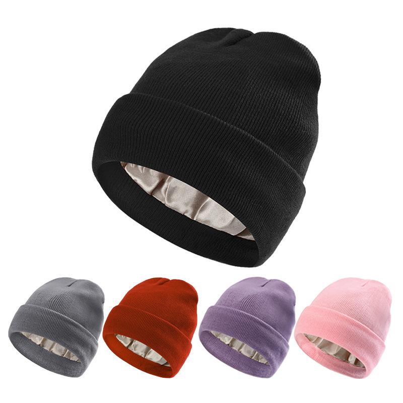 Autumn and Winter New Satin Hat To Protect Hairstyle and Keep Warm Knitted Satin Hat Acrylic Wool Hat
