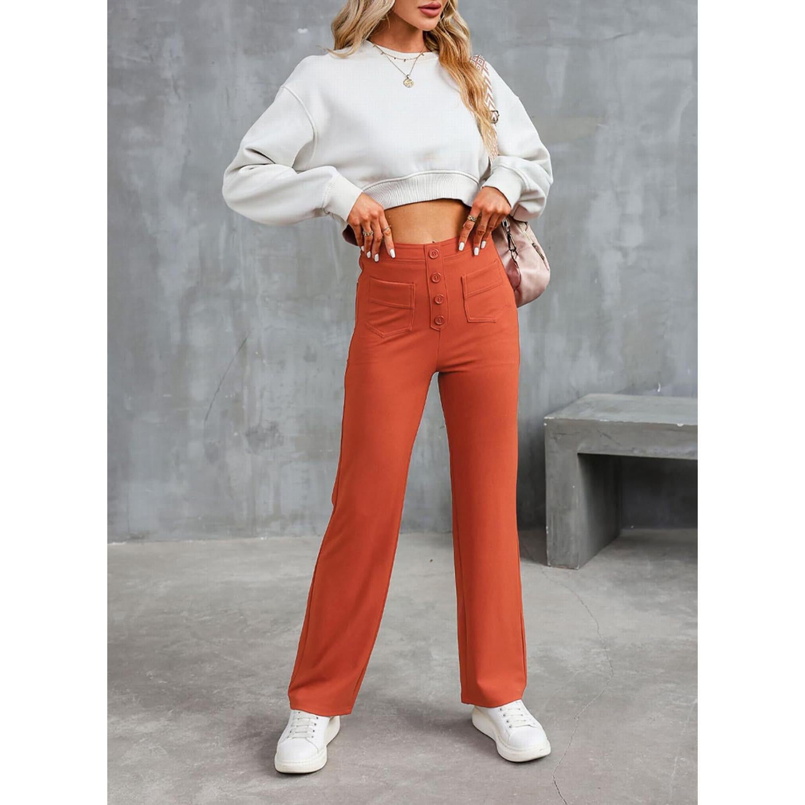 2025 Fashion New Women's Casual Straight Pants High Waist Button Elastic Strap Multiple Pockets