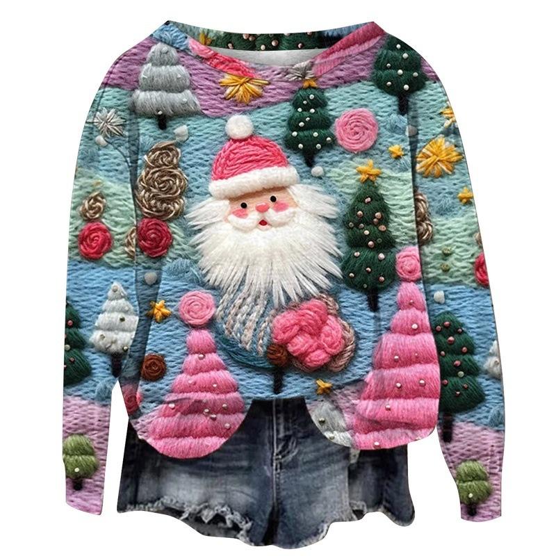 Christmas Graphic 3D Digital Print Crew Neck Sweater Unisex Holiday Pullover Sweatshirt Cute Winter Streetwear Aesthetic Casual Outfit Cozy Xmas Party Top Gift for Men Women Teens Trendy Warm Knit Jumper