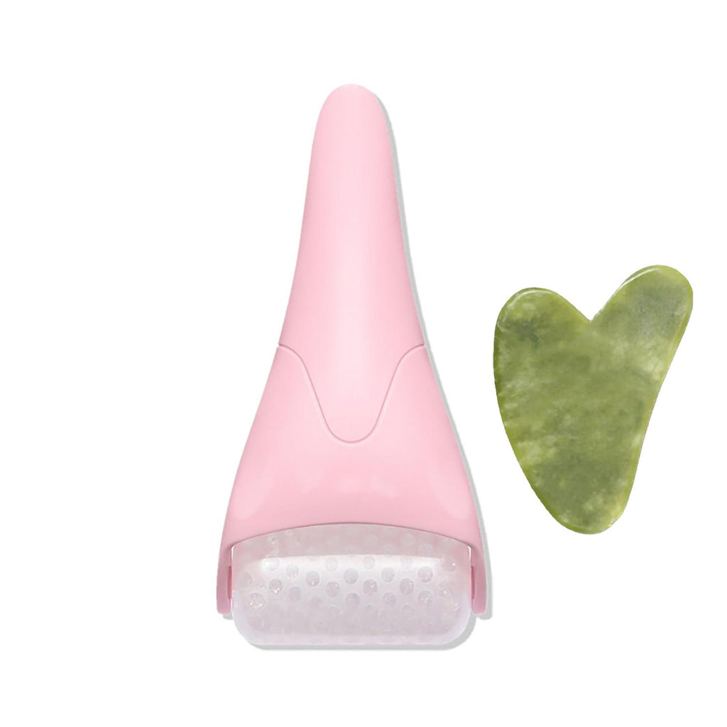 Pink Ice Roller and Jade Gua Sha Board — Facial Massage and Skincare Tools