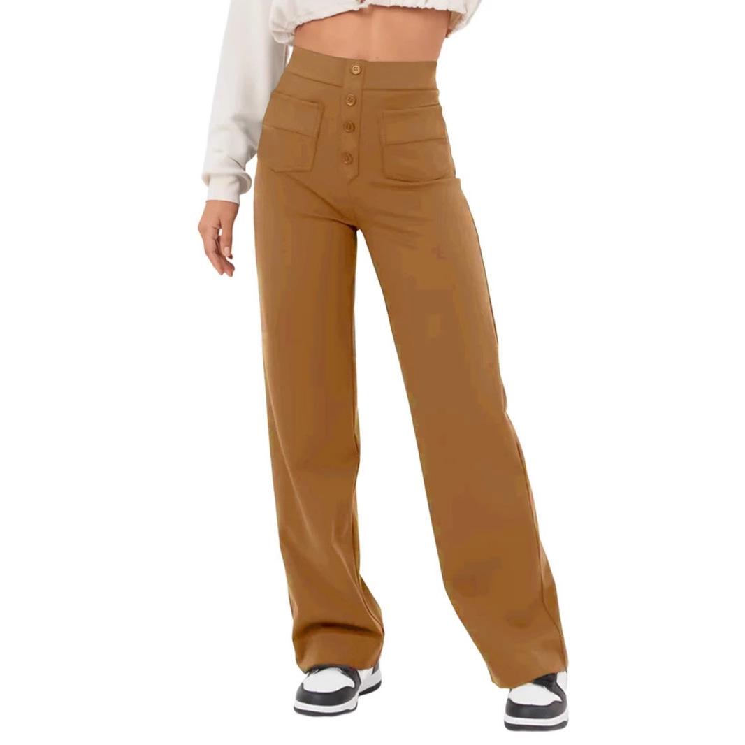 2025 Fashion New Women's Casual Straight Pants High Waist Button Elastic Strap Multiple Pockets