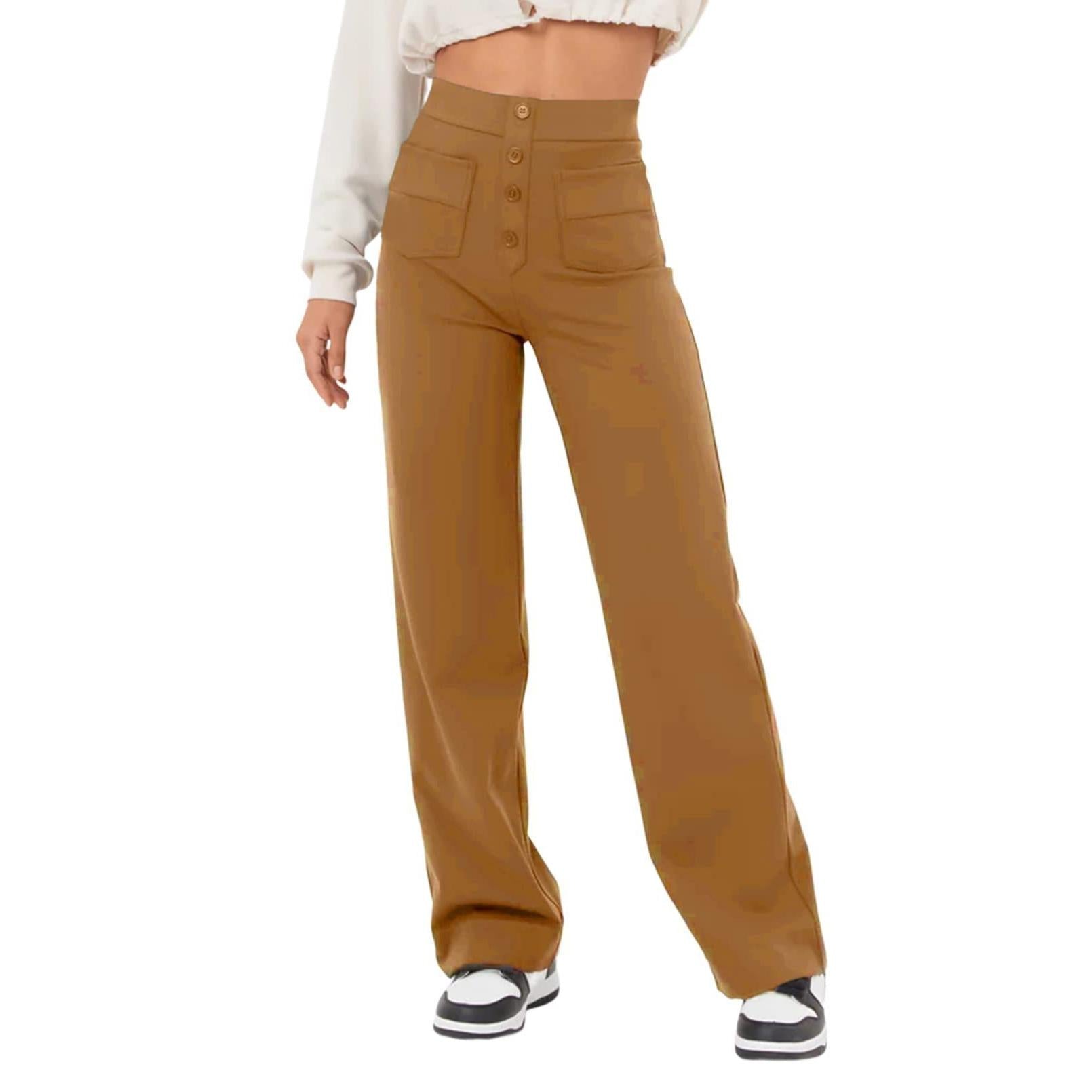 2025 Fashion New Women's Casual Straight Pants High Waist Button Elastic Strap Multiple Pockets