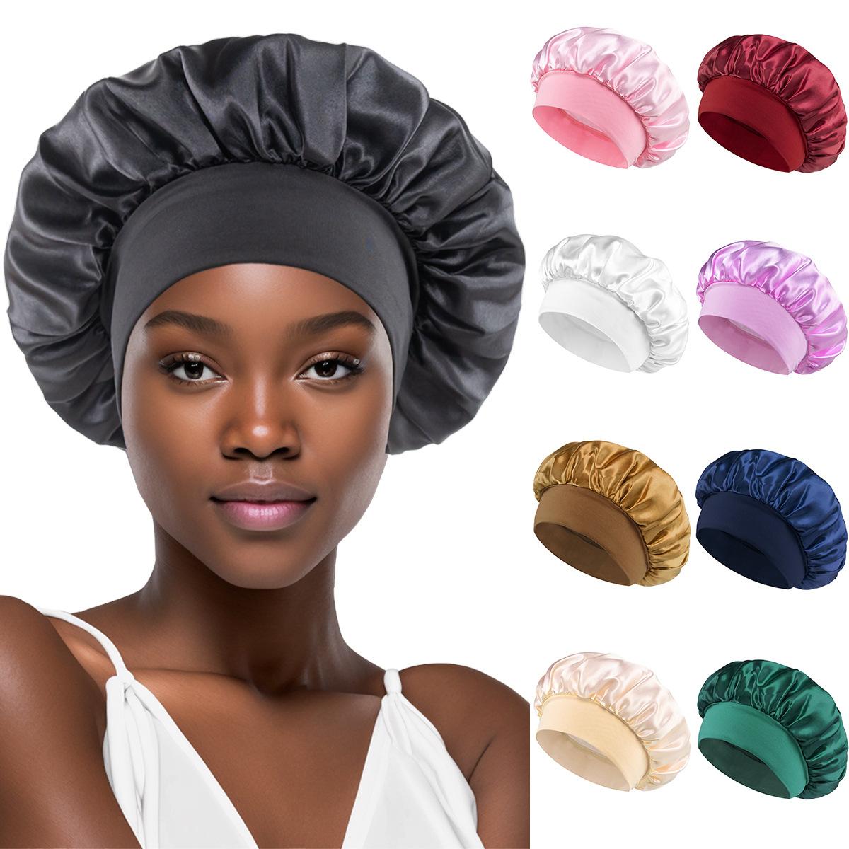 Classic Solid Color Shower Cap Adult Fashion Satin Wide-brimmed Nightcap Women Chemotherapy Hair Care