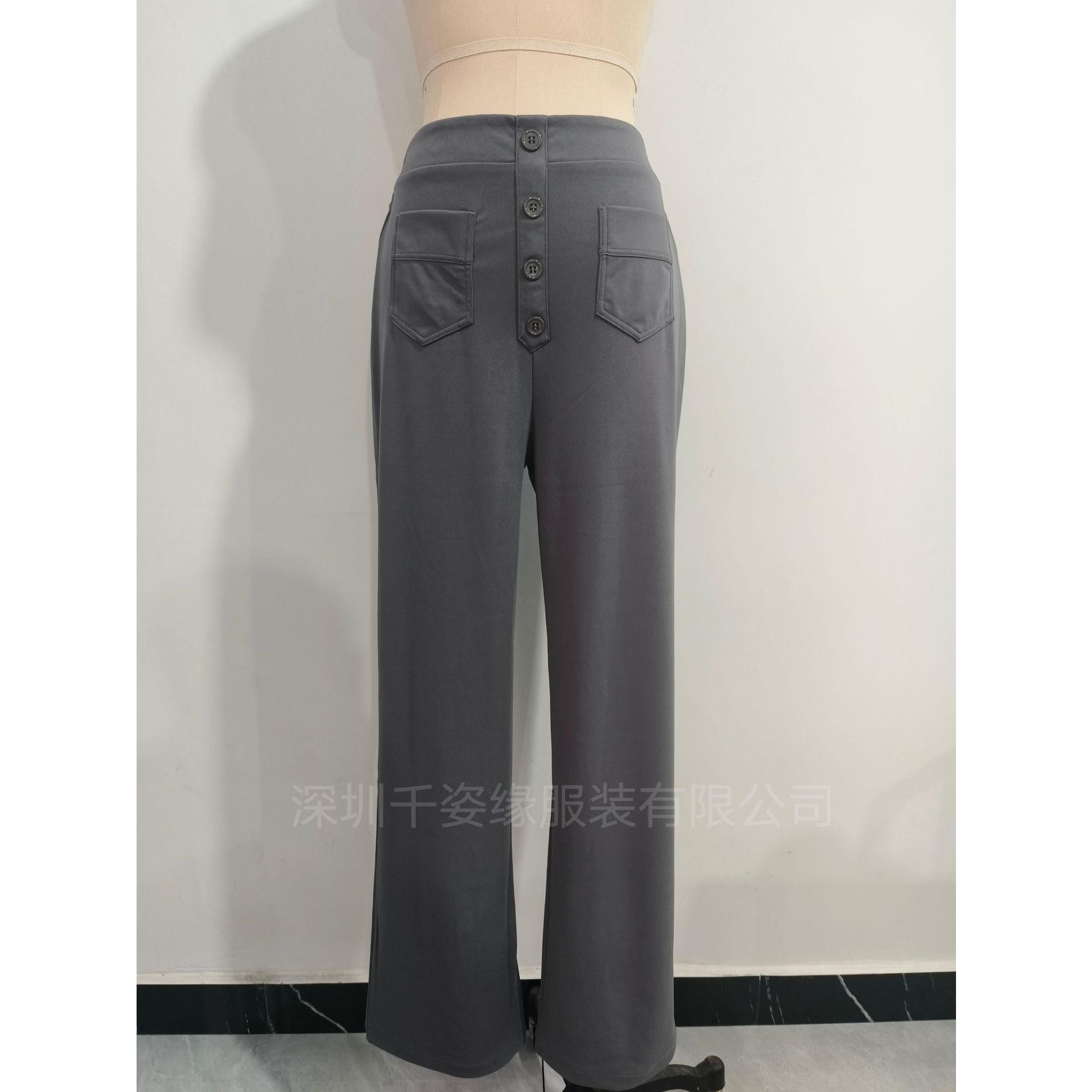 2025 Fashion New Women's Casual Straight Pants High Waist Button Elastic Strap Multiple Pockets
