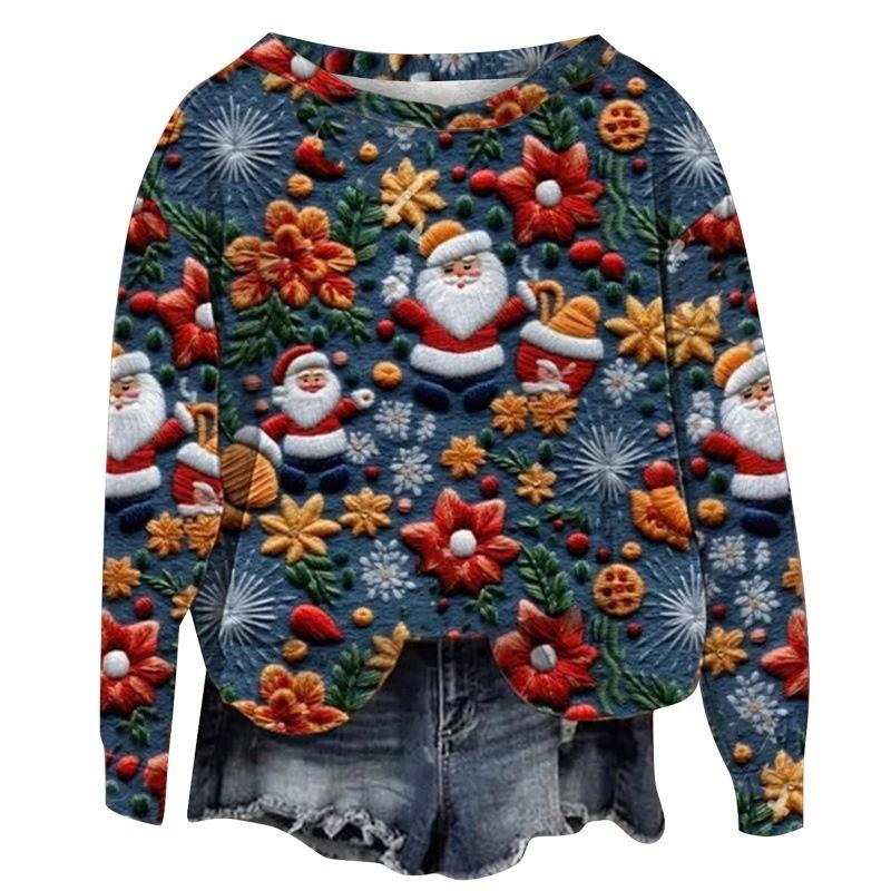 Christmas Graphic 3D Digital Print Crew Neck Sweater Unisex Holiday Pullover Sweatshirt Cute Winter Streetwear Aesthetic Casual Outfit Cozy Xmas Party Top Gift for Men Women Teens Trendy Warm Knit Jumper