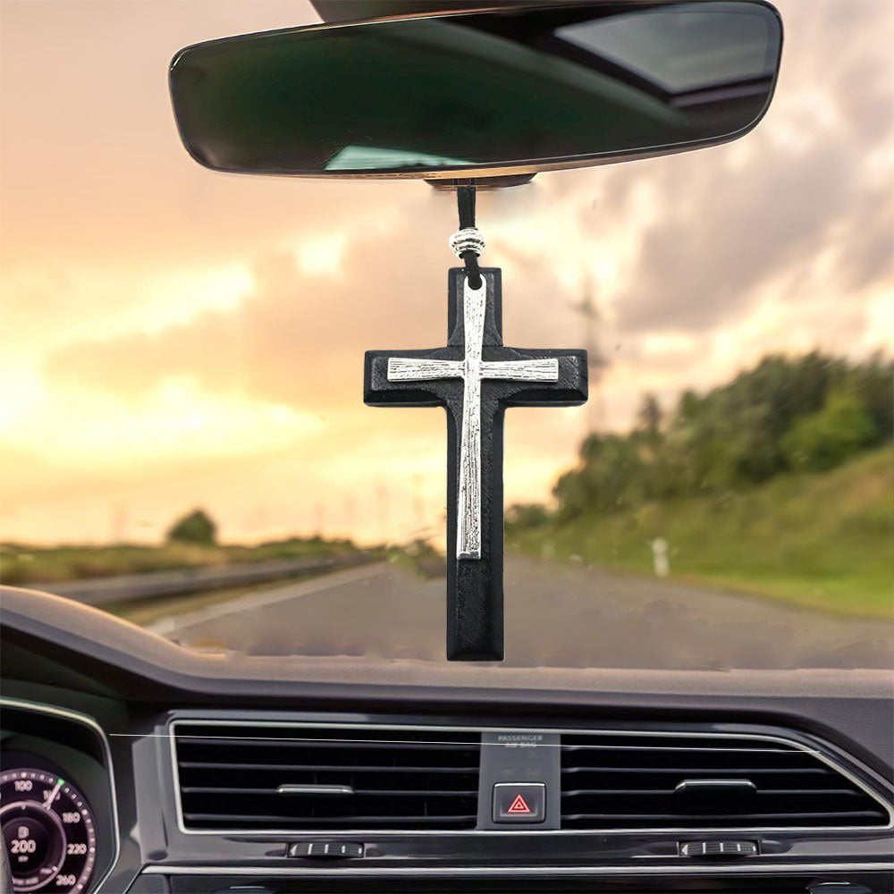 Bible Verse Car Rearview Cross – “I Am with You Always”, Solid Sandalwood, Hand-Sanded Christian Ornament for Car Mirror, Spiritual Decor, Ideal Holiday Gift