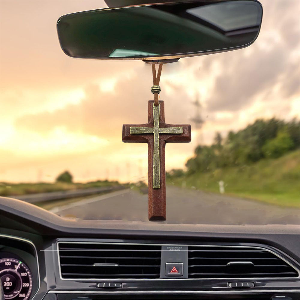 Bible Verse Car Rearview Cross – “I Am with You Always”, Solid Sandalwood, Hand-Sanded Christian Ornament for Car Mirror, Spiritual Decor, Ideal Holiday Gift