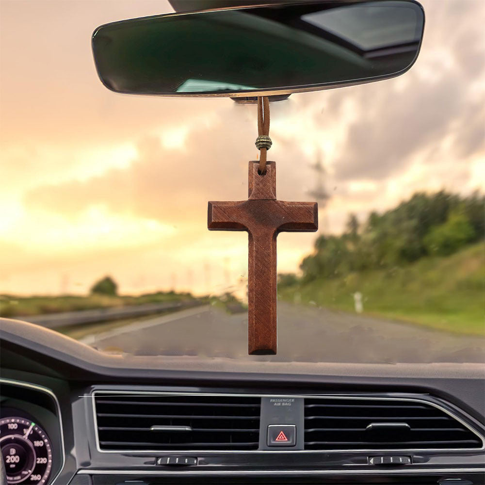 Bible Verse Car Rearview Cross – “I Am with You Always”, Solid Sandalwood, Hand-Sanded Christian Ornament for Car Mirror, Spiritual Decor, Ideal Holiday Gift