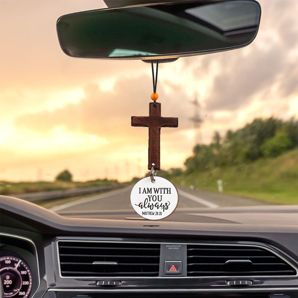 Bible Verse Car Rearview Cross – “I Am with You Always”, Solid Sandalwood, Hand-Sanded Christian Ornament for Car Mirror, Spiritual Decor, Ideal Holiday Gift
