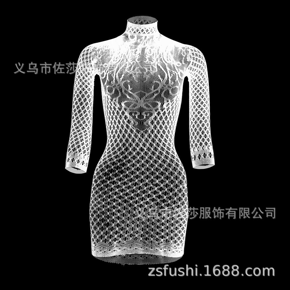 情趣内衣欧美外贸长袖包臀裙短裙镂空露背网衣紧身衣w555
