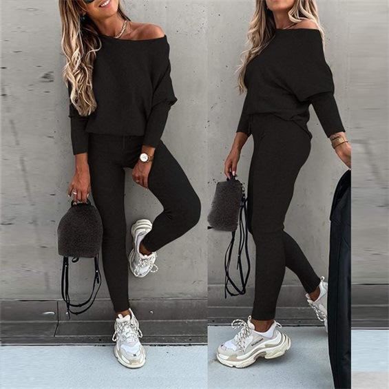 2025 Autumn Solid Color Fashion Casual Lace-up Slanted Shoulder Sports Trousers Long Suit Women
