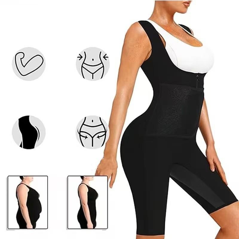 Women's Running Fitness Sweat Suit Onesie Sauna Suit with Belt Short Sleeve Shapewear Belly Tie Waist