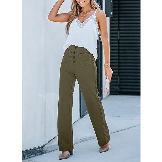 2025 Fashion New Women's Casual Straight Pants High Waist Button Elastic Strap Multiple Pockets