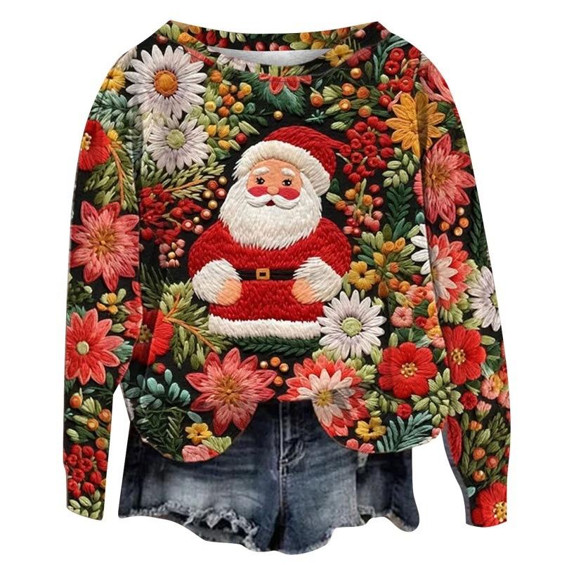 Christmas Graphic 3D Digital Print Crew Neck Sweater Unisex Holiday Pullover Sweatshirt Cute Winter Streetwear Aesthetic Casual Outfit Cozy Xmas Party Top Gift for Men Women Teens Trendy Warm Knit Jumper