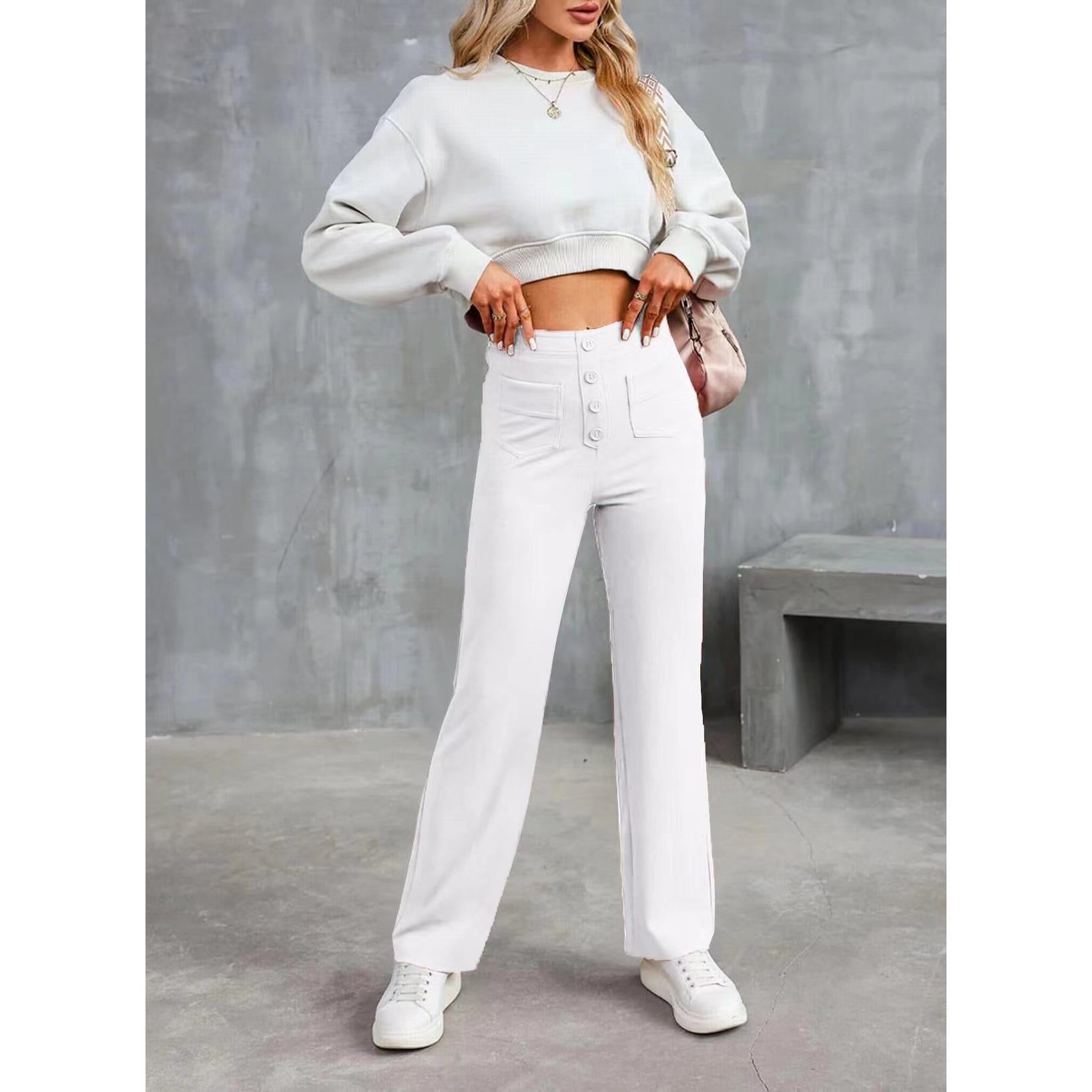 2025 Fashion New Women's Casual Straight Pants High Waist Button Elastic Strap Multiple Pockets