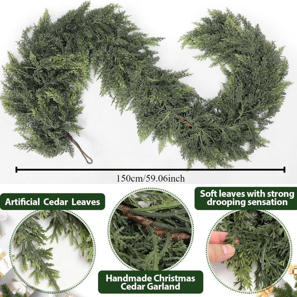 6 FT 2 Pcs Artificial Cedar Garlands, Real Touch Winter Cedar Garland, Green Artificial Greenery Pine Garland for Table, Mantle, Wall, Indoor, Outdoor Christmas Decorations (2, 6 FT)