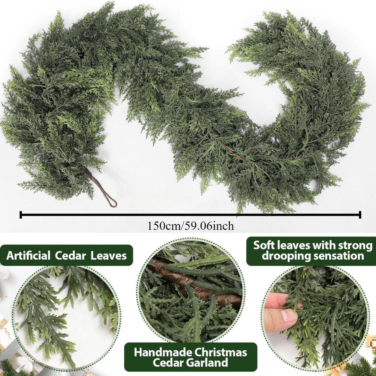 6 FT 2 Pcs Artificial Cedar Garlands, Real Touch Winter Cedar Garland, Green Artificial Greenery Pine Garland for Table, Mantle, Wall, Indoor, Outdoor Christmas Decorations (2, 6 FT)