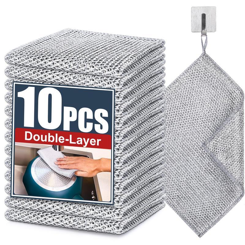 10 Pcs Silver Wire Rag Double-sided Mesh Dishcloth Non-stick Oil Easy To Clean Steel Wire Rag Household Brush Pot Strong Wear-resistant Cloth