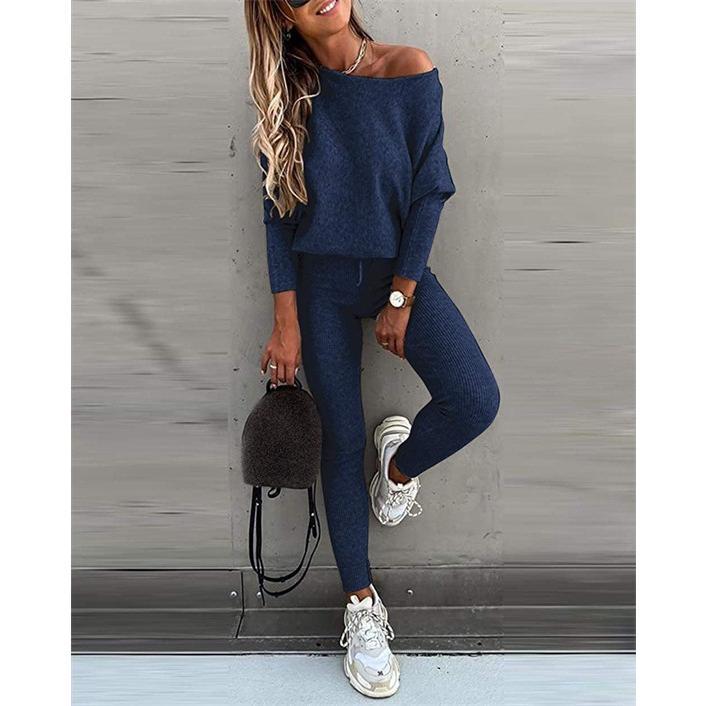 2025 Autumn Solid Color Fashion Casual Lace-up Slanted Shoulder Sports Trousers Long Suit Women