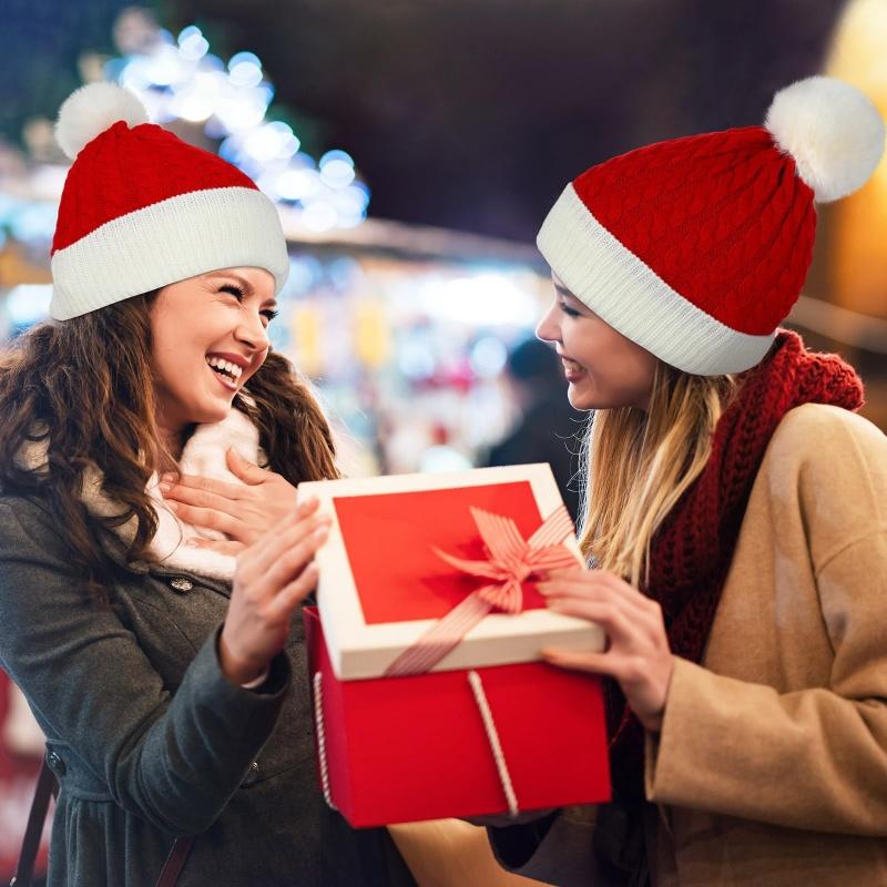 Christmas Knit Beanie Hat Winter Warm Crochet Santa Hat Cute Pompom Cap Holiday Party Accessory Cozy Aesthetic Xmas Gift for Men Women Kids Teens Outdoor Snow Beanie Trend Winter Outfit Essentials