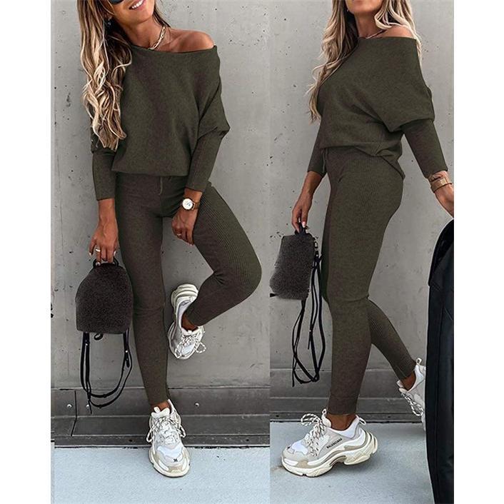 2025 Autumn Solid Color Fashion Casual Lace-up Slanted Shoulder Sports Trousers Long Suit Women
