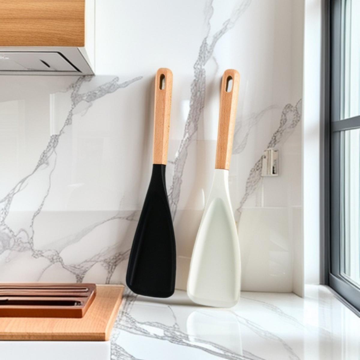 2 Pack Cooking Spoon for Nonstick Cookwares, Great for Cooking and Serving Sturdy BPA-Free Matte Silicone, Wood Handle Spoon for Mixing, Scoop, and Scrape (Black & White 12.36 Inch)