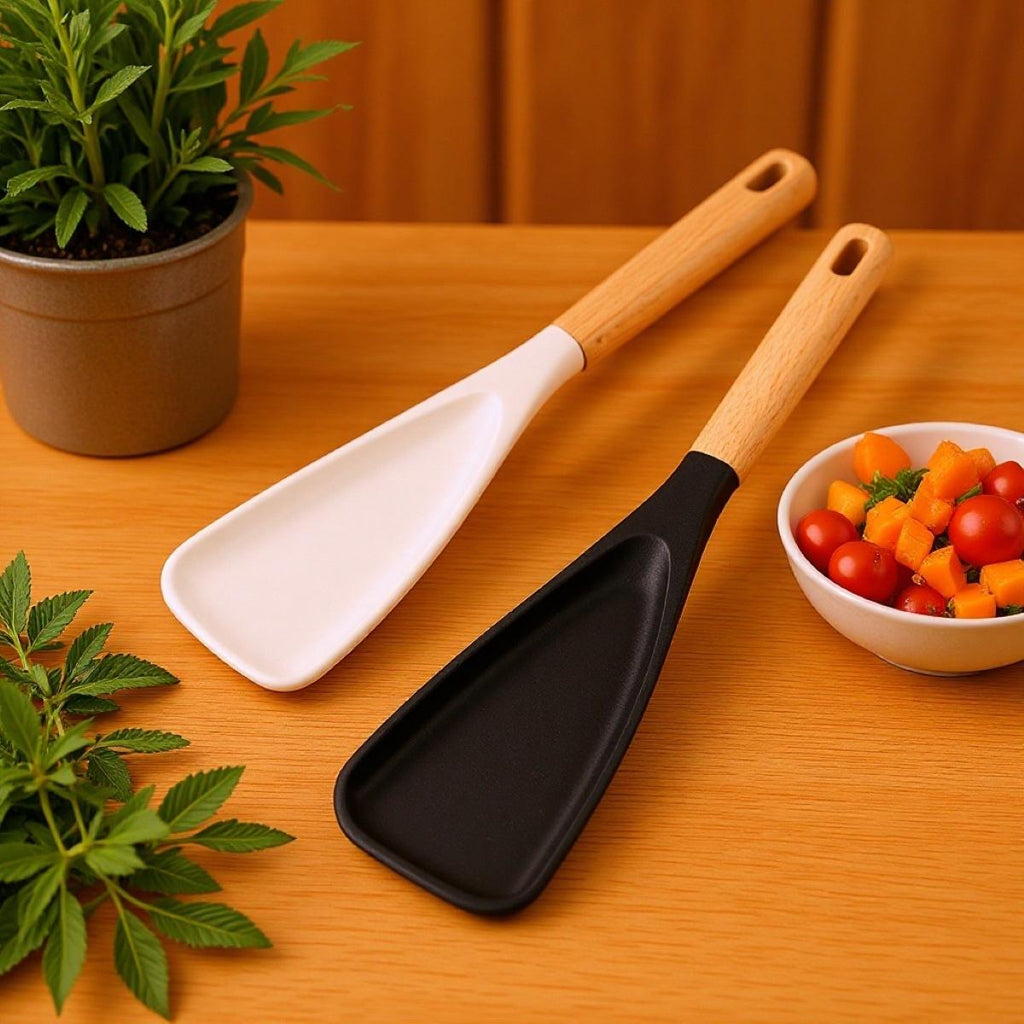 2 Pack Cooking Spoon for Nonstick Cookwares, Great for Cooking and Serving Sturdy BPA-Free Matte Silicone, Wood Handle Spoon for Mixing, Scoop, and Scrape (Black & White 12.36 Inch)