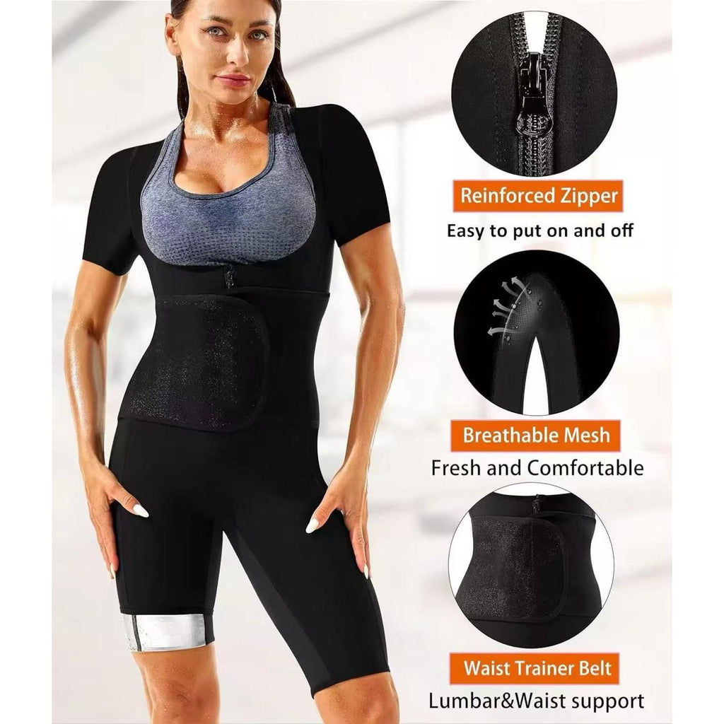 Women's Running Fitness Sweat Suit Onesie Sauna Suit with Belt Short Sleeve Shapewear Belly Tie Waist