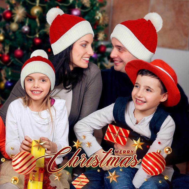 Christmas Knit Beanie Hat Winter Warm Crochet Santa Hat Cute Pompom Cap Holiday Party Accessory Cozy Aesthetic Xmas Gift for Men Women Kids Teens Outdoor Snow Beanie Trend Winter Outfit Essentials